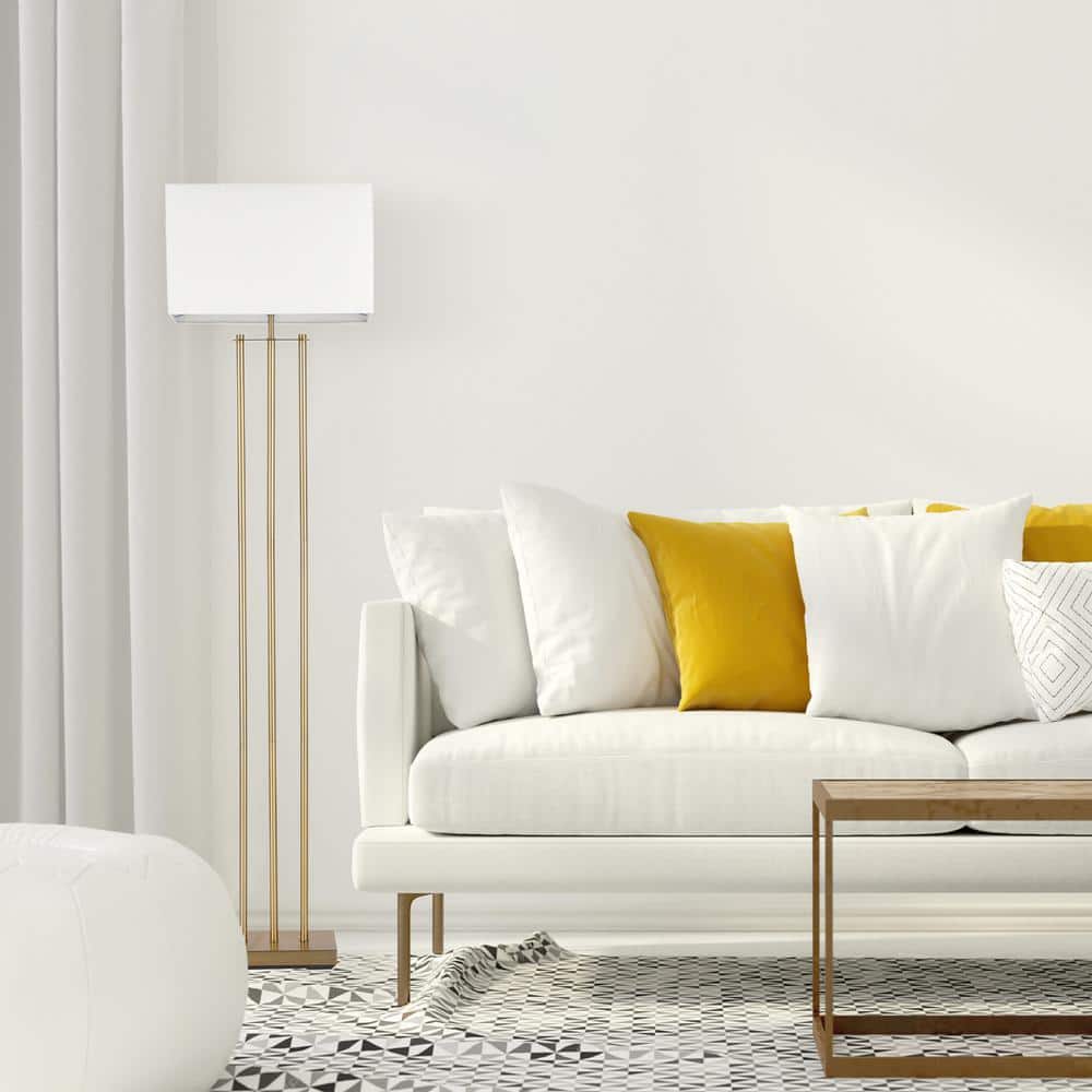 62" Matte Brass Floor Lamp with White Linen Shade