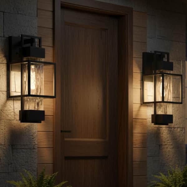 YANSUN 1-Light Black Outdoor Wall Lantern Sconce with Water Glass Shade, Hardwired Exterior Light Fixture with LED Bulbs