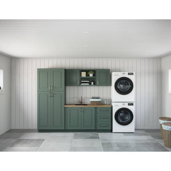 MILL'S PRIDE Greenwich Aspen Green Plywood Shaker Stock Ready to Assemble Kitchen-Laundry Cabinet Kit 24 in. x 84 in. x 97 in.