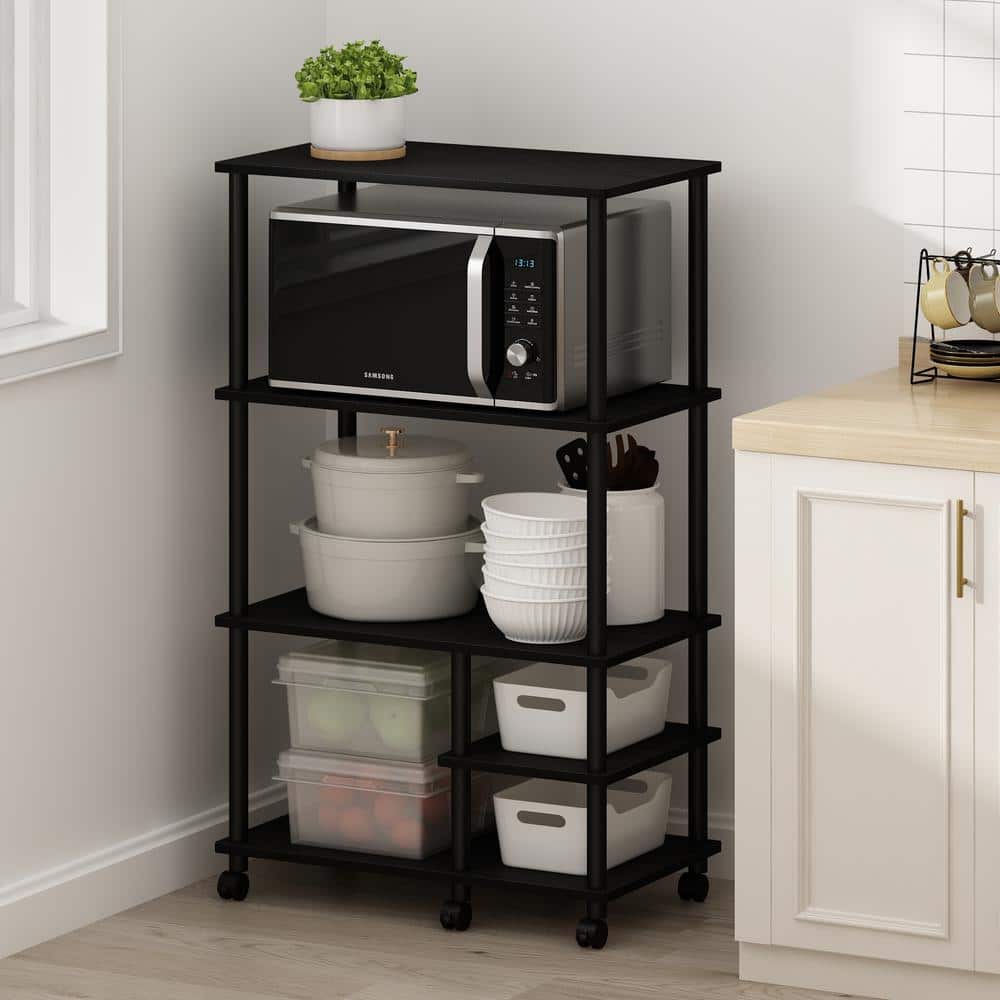 Black Wood 4-Tier Kitchen Cart with Storage and Lockable Casters