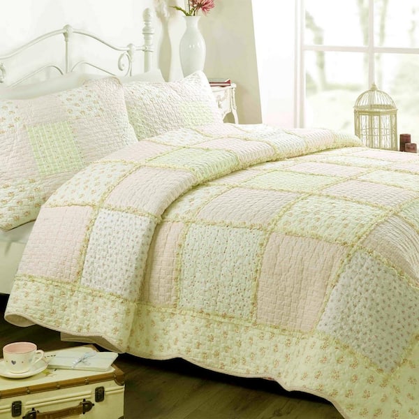 Cozy Line Home Fashions 3-Piece Sweet Light Peachy Pink Floral Patchwork Gingham Ruffle Scalloped Cotton Queen Quilt Bedding Set