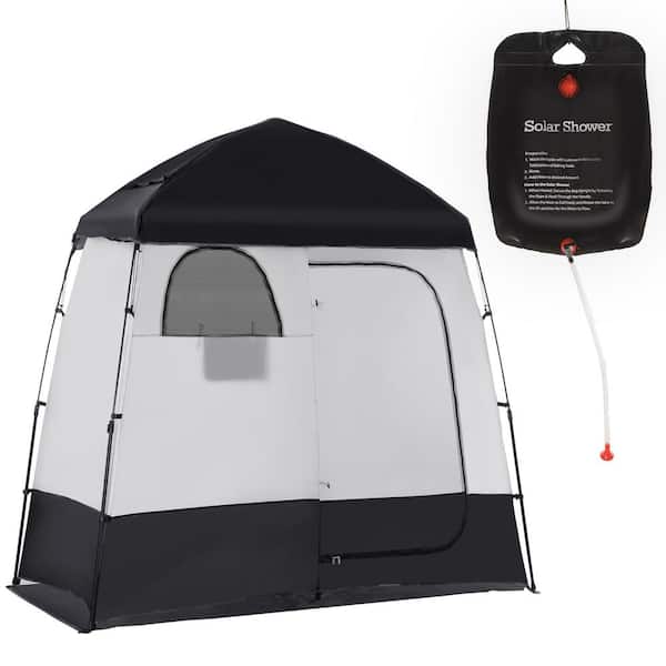 Outsunny Black Pop Up Polyester Cloth Portable Shower Tent Enclosure with 2 Rooms and Shower Bag