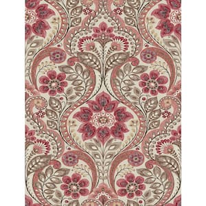 Night Bloom Coral Damask Paper Strippable Roll Wallpaper (Covers 56.4 sq. ft.)
