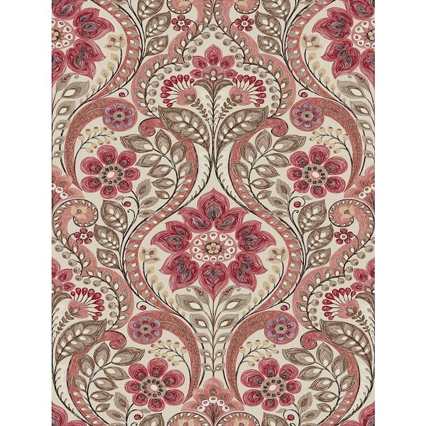 A-Street Prints Night Bloom Coral Damask Coral Wallpaper Sample