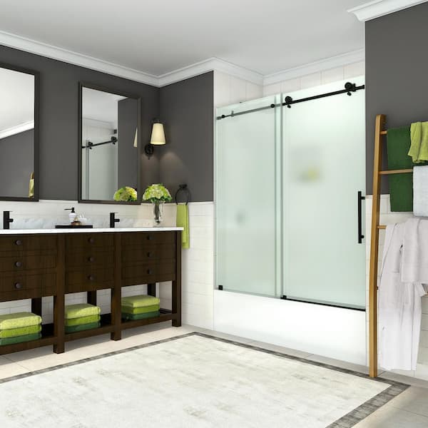 Aston Coraline 56 - 60 in. x 60 in. Completely Frameless Sliding Tub Door with Frosted Glass in Oil Rubbed Bronze