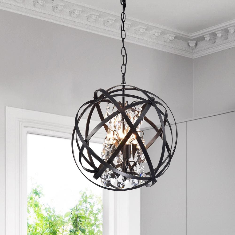 Antique Black Metal Globe Crystal 4-Light Chandelier