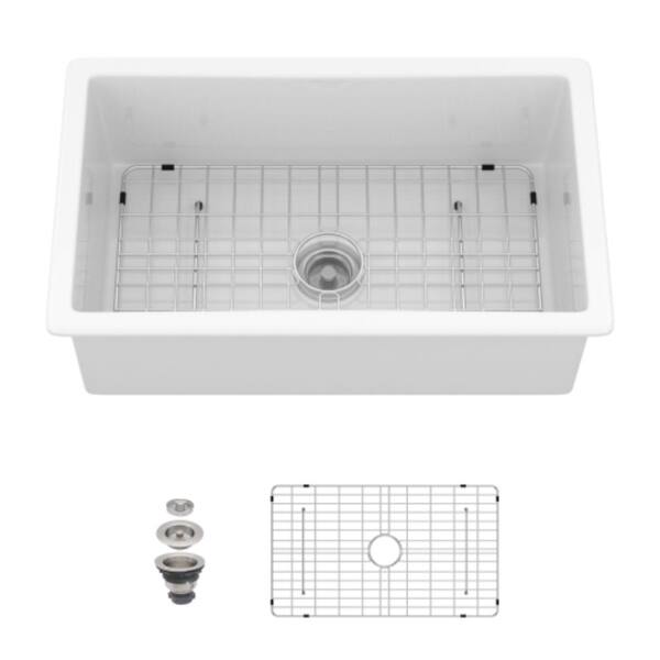 30 in. x 18 in. x 10 in. Undermount Single Bowl Fireclay Kitchen Sink with Dual Mount Option in White