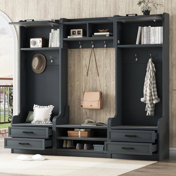 XUJMK 78 in. W x 16 in. D x 70 in. H Dark Blue Linen Cabinet 4-in-1 Detachable Hall Tree, Multiple Functions Hallway Coat Rack