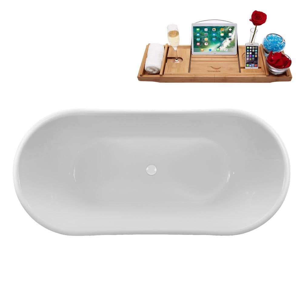 67" Glossy White Acrylic Freestanding Soaking Bathtub with Bamboo Tray