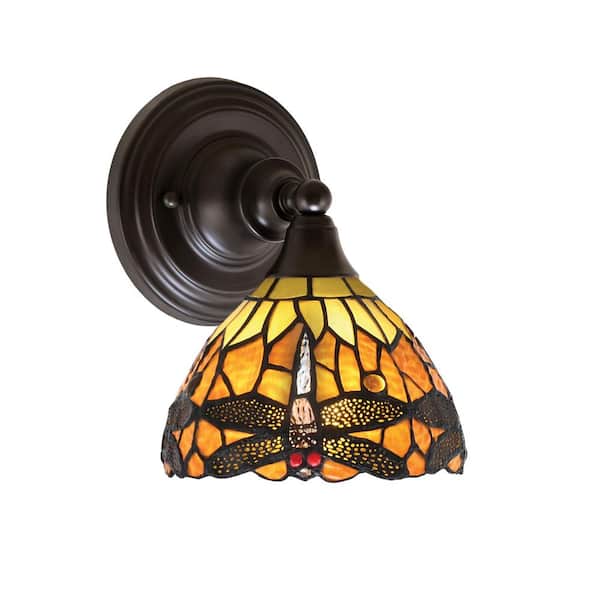 Unbranded Fulton 1 Light Espresso Wall Sconce 7 in. Amber Dragonfly Art Glass