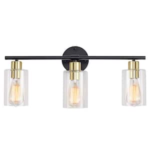 22.83 in. 3-Light Black and Gold Vanity Light with Clear Glass Shade