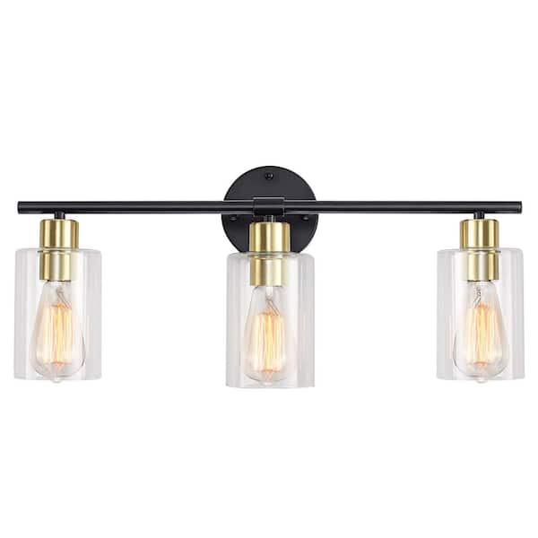 22.83 in. 3-Light Black and Gold Vanity Light with Clear Glass Shade