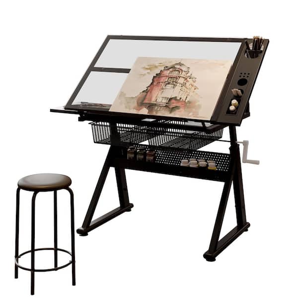 Zylen 40.15 in. Rectangle Black Wood and Metal Drafting Table Writing Desk with Stool and Storage Space