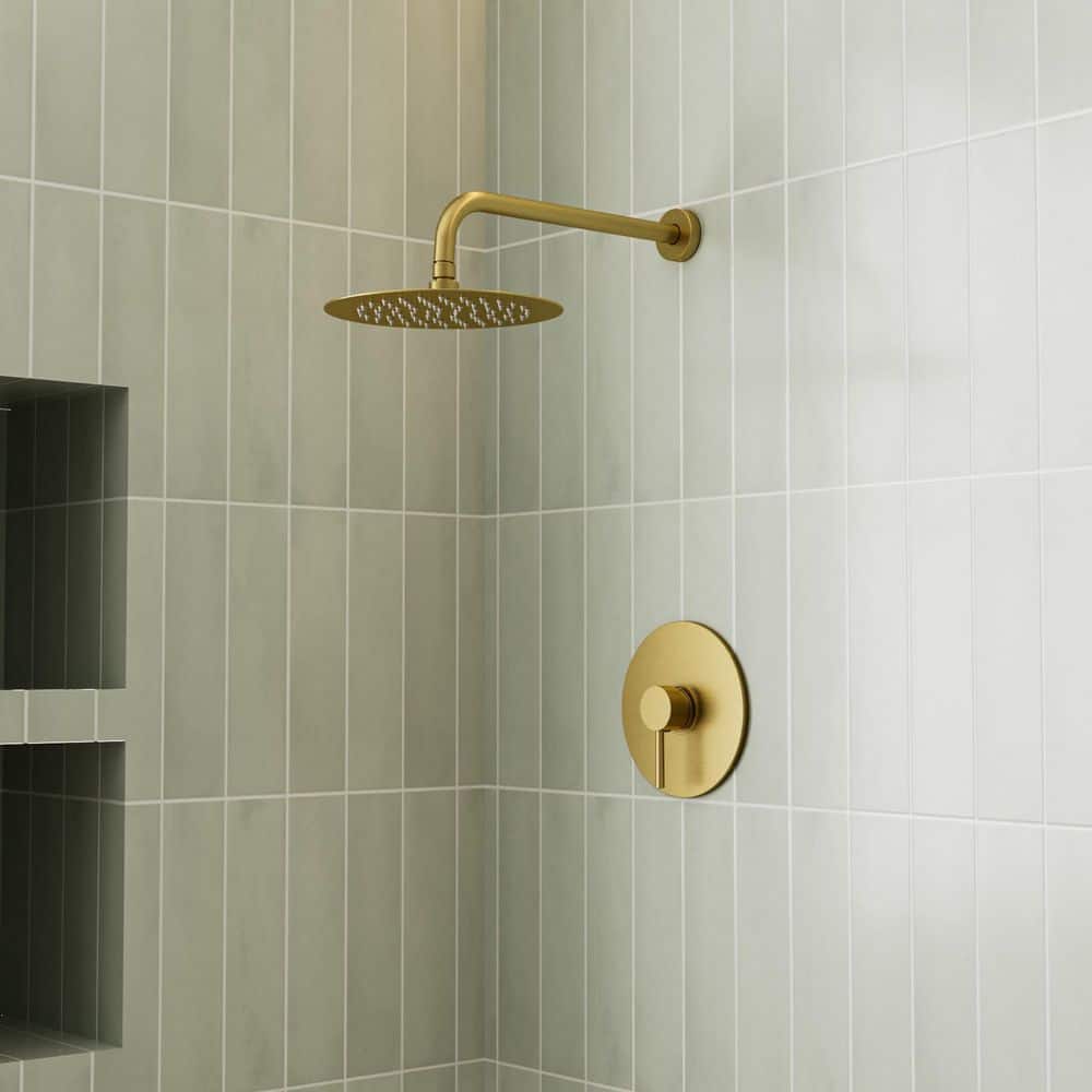 Crozet 1-Spray 2.5 GPM 10 in. Wall Mount Fixed Shower Head Shower Faucet with Pressure Balance in Brushed Gold price history on PriceWatchPro