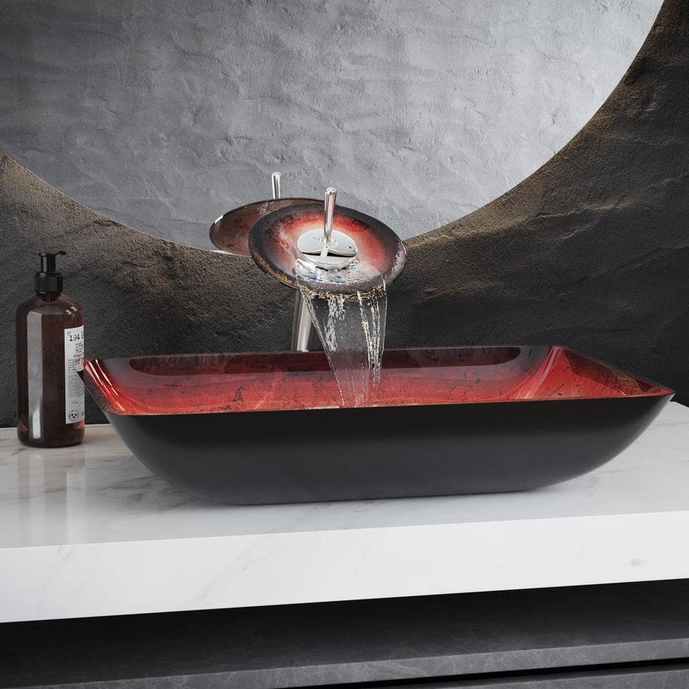 Ember Red Rectangular Glass Vessel Sink with Waterfall Faucet