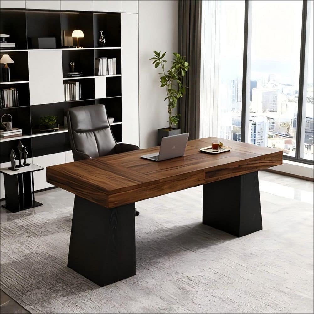 55.1 in. Brown and Black Rectangle Wood Executive Desk, Large Modern Farmhouse Computer Desk for Home Office, Office price history on PriceWatchPro
