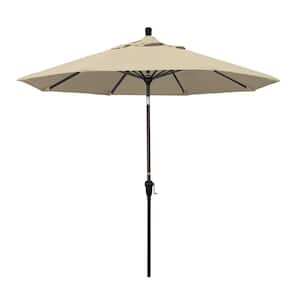 9 ft. Bronze Aluminum Pole Market Aluminum Ribs Auto Tilt Crank Lift Patio Umbrella in Beige Sunbrella