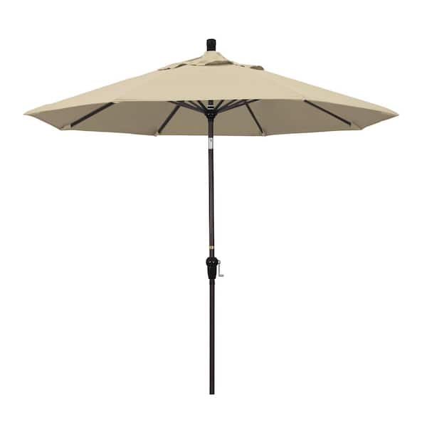 California Umbrella 9 ft. Bronze Aluminum Pole Market Aluminum Ribs Auto Tilt Crank Lift Patio Umbrella in Beige Sunbrella