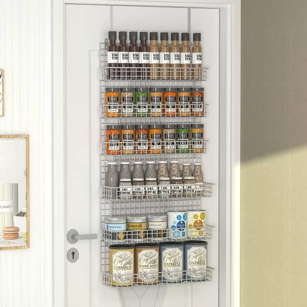 6-Tier Silver Spice Rack Organizer with Door Hook, Wall Mounted Over the Door Spice Racks for Kitchen Pantry Cabinet
