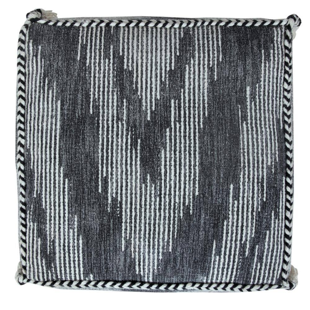 Gray and Ivory Cotton Geometric Pouf with Tassels