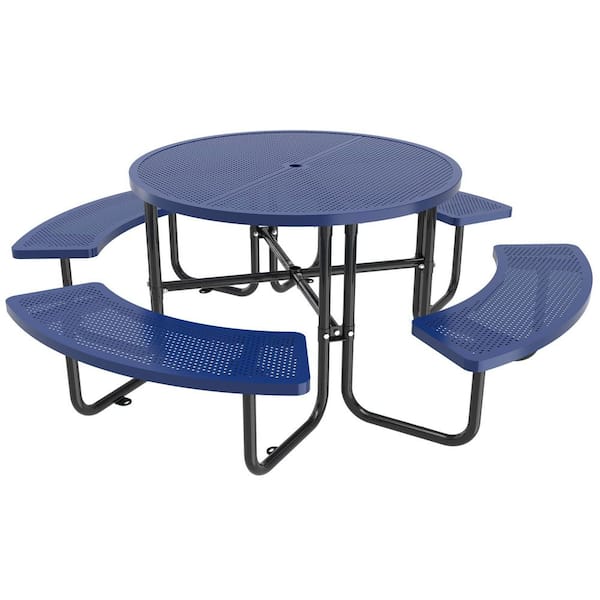 46 in. Blue Round Steel Picnic Table Seats 4-8 People with Umbrella Hole