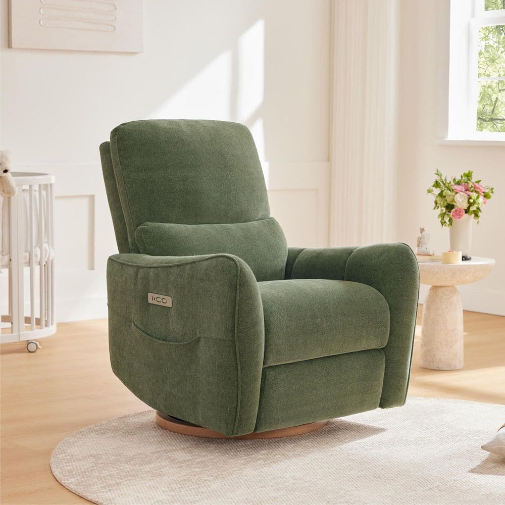 Spruce \u0026 Spring Bria Green Modern Fabric Swivel Glider Nursery Recliner  Chair with Lumbar Pillow, USB and Type-C Charge, Pocket SSMEA013-G0303970 -  ..., image size:1000x1000