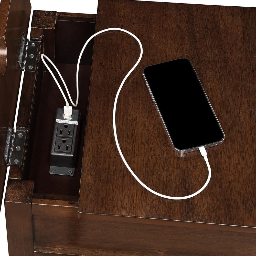 Espresso Wood End Table with Charging Station and Storage