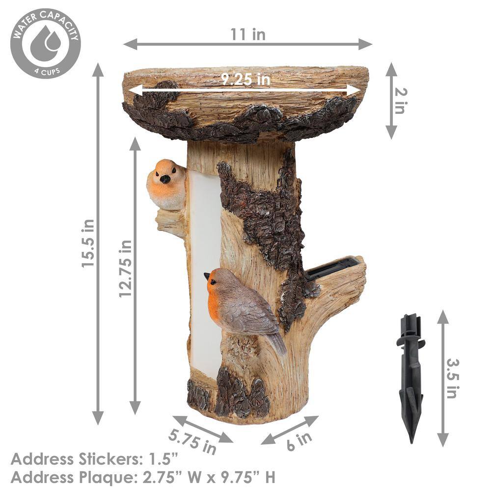 Rustic Brown Polyresin Tree Stump Bird Bath with Solar LED Address Plate
