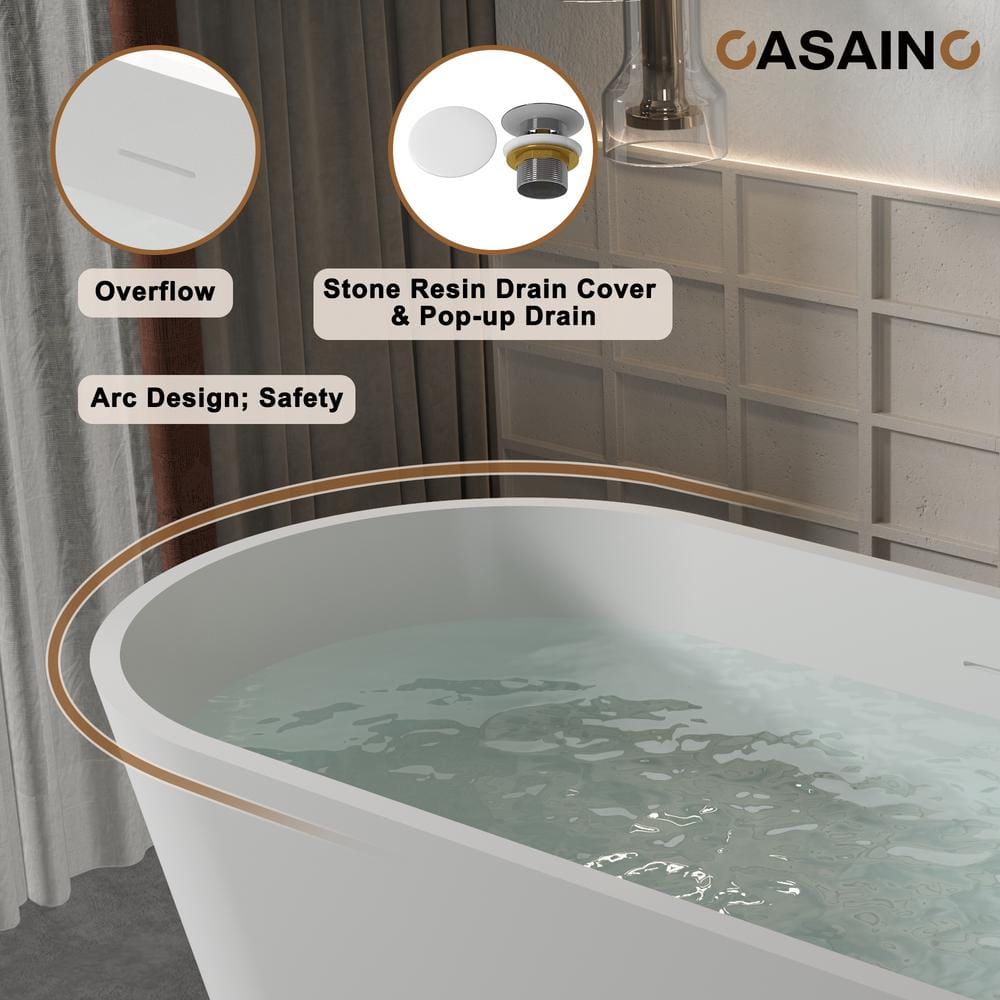 59" White Solid Surface Freestanding Soaking Bathtub with Black Pillow