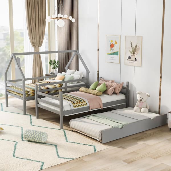 ANBAZAR Gray Twin Over Twin Detachable House Shape Bunk Bed with Trundle, Twin Size Kids Wood Bunk Bed Frame with Chimney Design