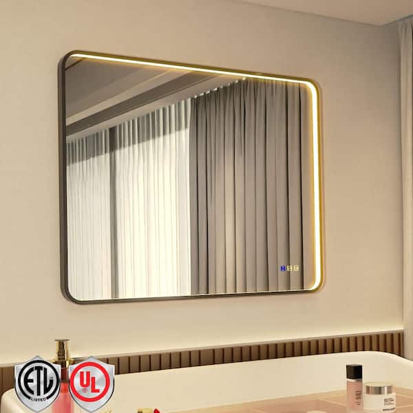 ORGANNICE 40 in. W x 32 in. H Rectangular LED Front Framed Light Black Aluminum Rounded Wall Makeup Mirror