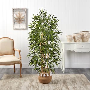 64 in. Bamboo Artificial Tree with Natural Bamboo Trunks in Boho Chic Handmade Natural Cotton Woven Planter with Tassels