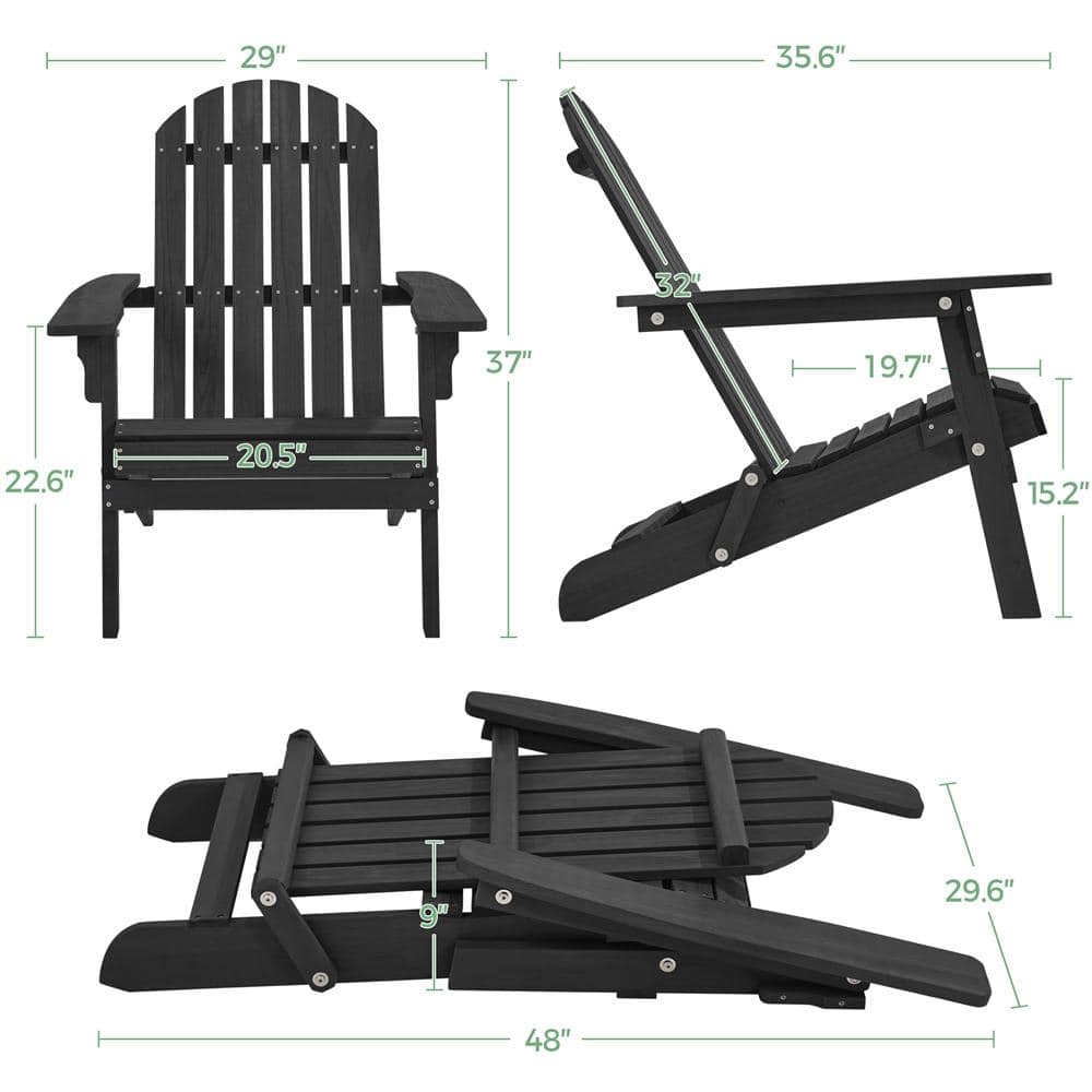 Black Solid Wood Folding Adirondack Chair with Arms