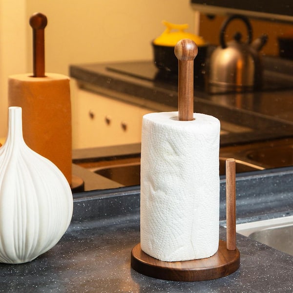 14 in. Acacia Wood Paper Towel Holder with 6.7 in. Heavy Weighted Base, Rustic Farmhouse Countertop Stand
