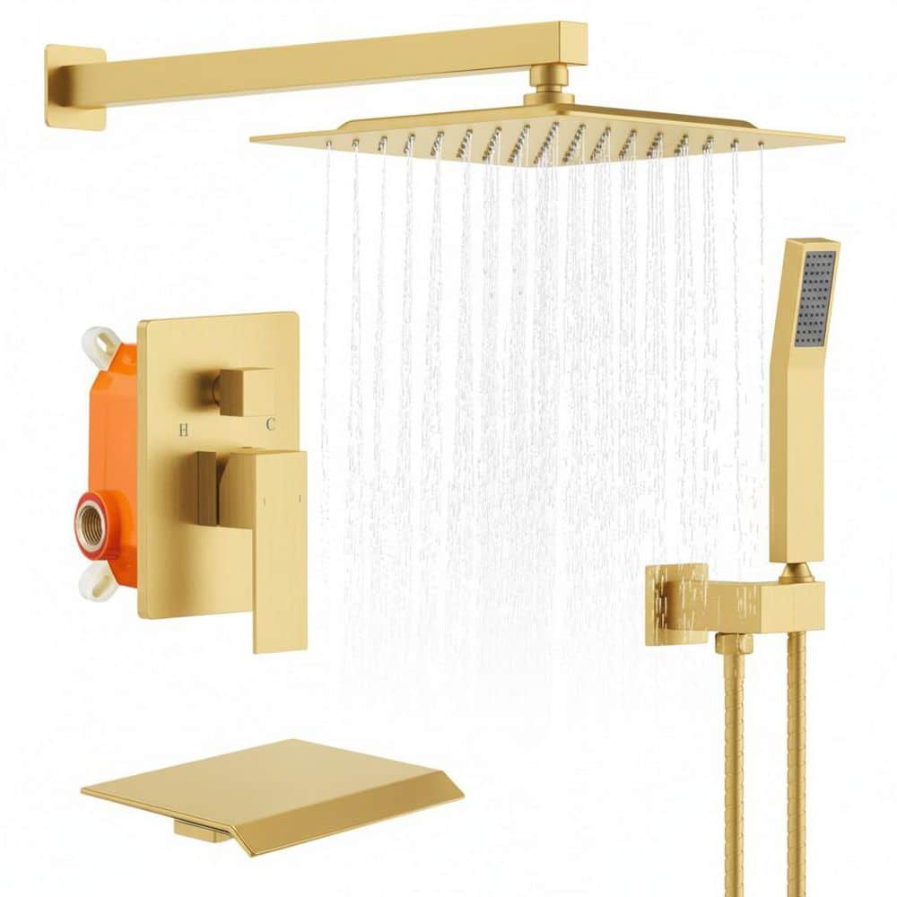 1-Spray Patterns 10 in. Wall Mounted Square Dual Fixed and Handheld Shower Head with Waterfall Tub in Brushed Gold price history on PriceWatchPro