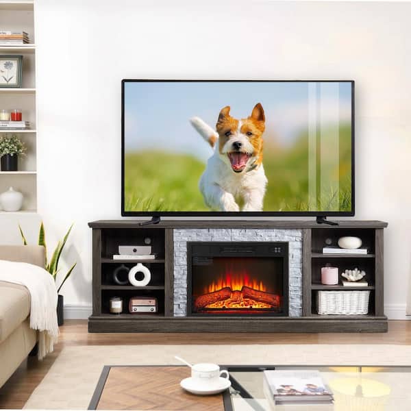 70 in. W Freestanding Wooden with Faux Stacked Stone Surround Large Electric Fireplace TV Stand in Grey
