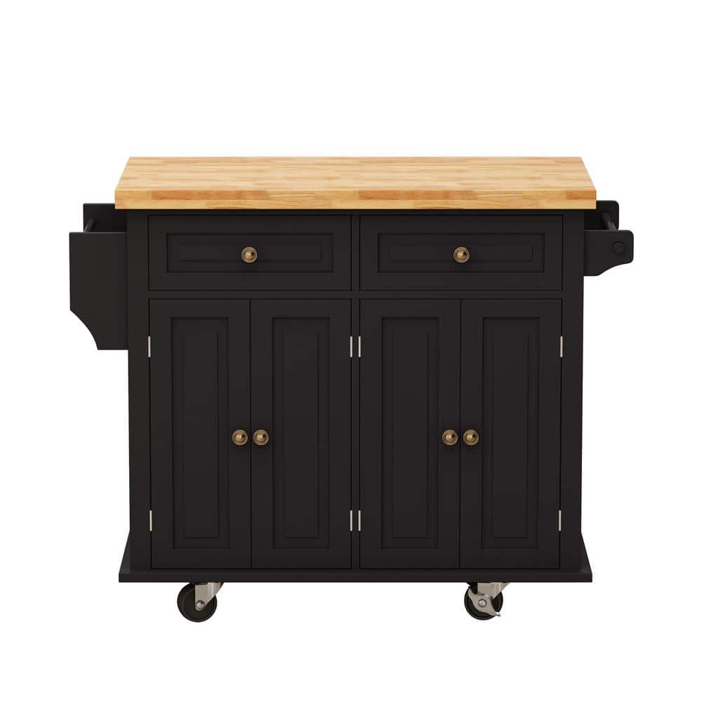 Whatseaso Black Wood 43.31 in. Kitchen Island with 2-Storage Cabinets ...