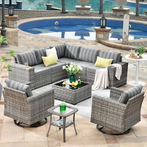 Marvel Gray 9-Piece Wicker Wide Arm Patio Conversation Set with Striped Gray Cushions and Swivel Rocking Chairs