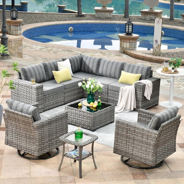OVIOS Marvel Gray 9-Piece Wicker Wide Arm Patio Conversation Set with Striped Gray Cushions and Swivel Rocking Chairs