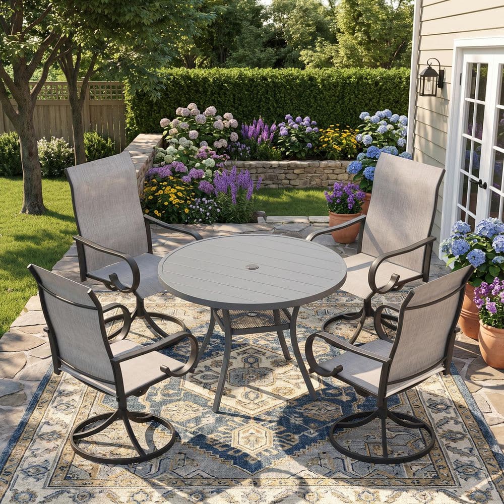 5-Piece Metal Outdoor Dining Set with 40.6 in. Gray Round Slatted Table and 4 Gray 360° Swivel Textilene Dining Chairs price history on PriceWatchPro
