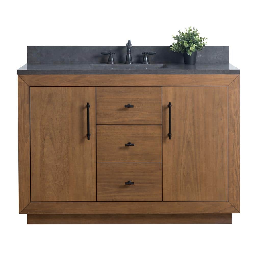 48" Tan Poplar Wood Bathroom Vanity with Black Limestone Top