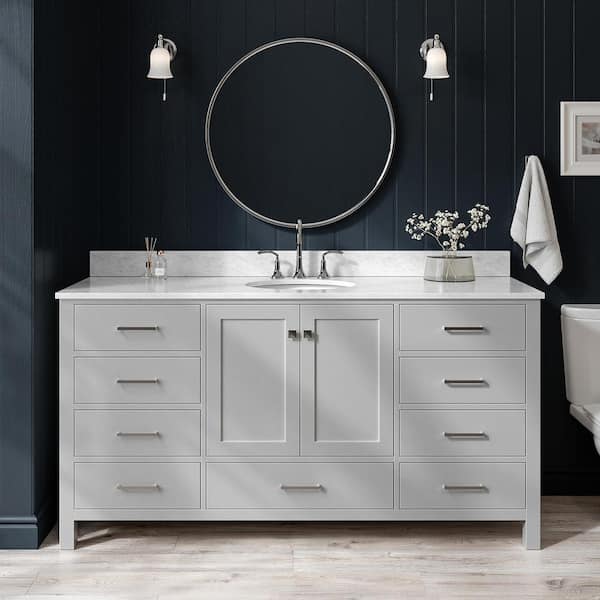 ARIEL Cambridge 67 in. W x 22 in. D x 36 in. H Bath Vanity in Grey with Carrara White Marble Top with White Basin