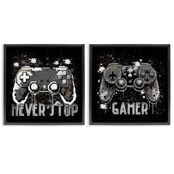 Never Stop Modern Gamer by Kim Allen 2-Pieces Black Floater Frame Typography Graphic Art Print 25 in. x 25 in.