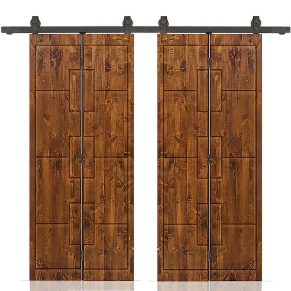 CALHOME 56 in. W. x 84 in. Hollow Core Walnut-Stained Pine Wood Double Bi-fold Door with Sliding Hardware Kit