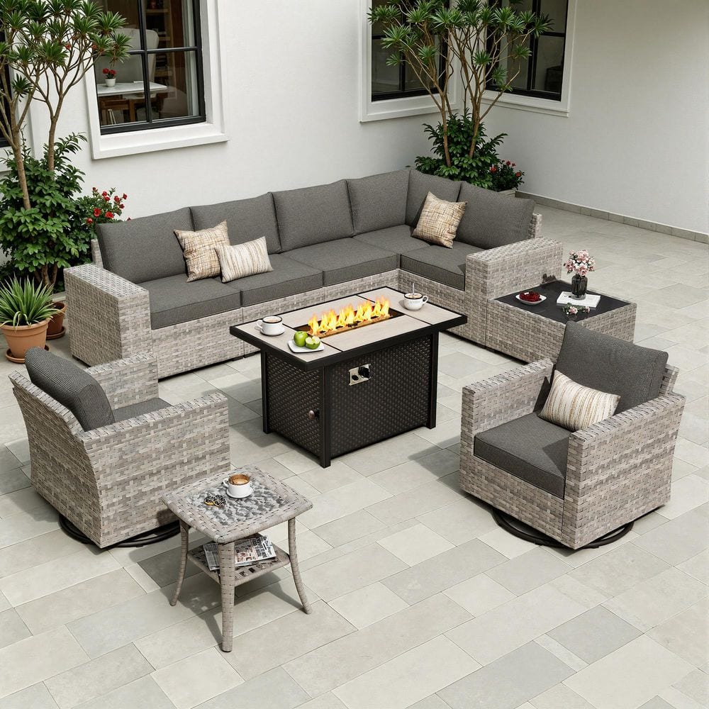 Crater Grey 10-Piece Wicker Outdoor Patio Fire Pit Conversation Sofa Set with Swivel Rocking Chairs and Black Cushions