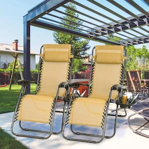 Ergonomic Foldable 2-Piece Metal Outdoor Recliner with Dual Side Tray, Height Adjustable and Removable Headrest in Tan