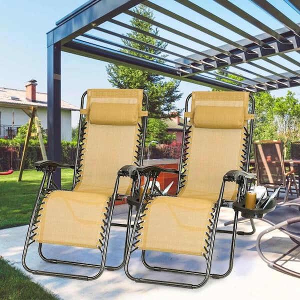 ITOPFOX Ergonomic Foldable 2-Piece Metal Outdoor Recliner with Dual Side Tray, Height Adjustable and Removable Headrest in Tan