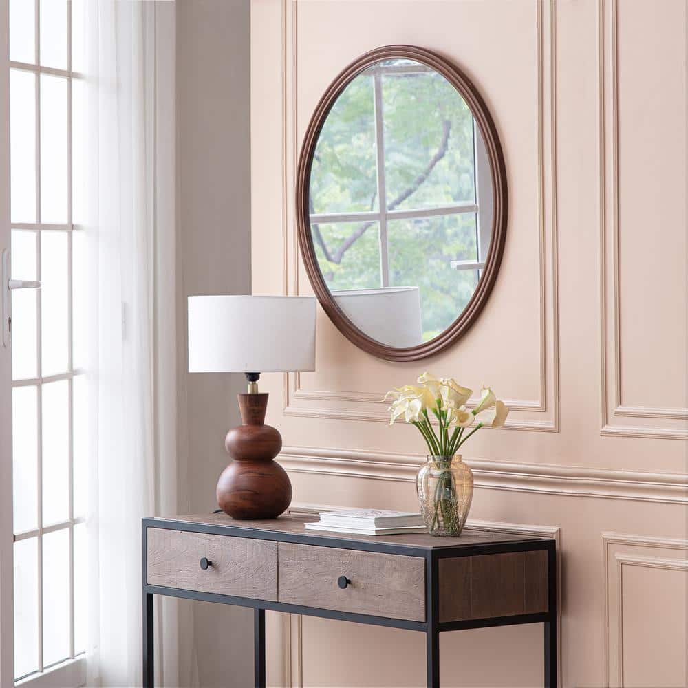 30-Inch Round Frameless Brown Wooden Wall Mirror