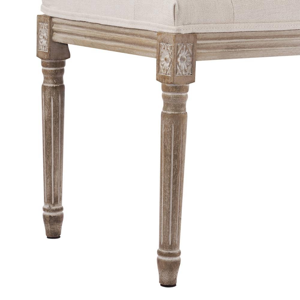 Beige French Vintage Upholstered Bench with Carved Wood Frame