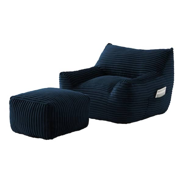 Blue Fabric Large (41.7 in.) Bean Bag with Ottoman, Oversized Comfy Lounge Chair for Living Room & Dorm